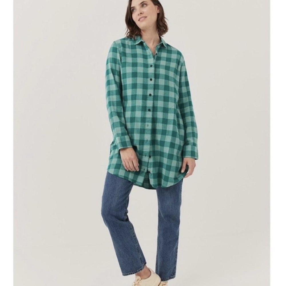 Pact Mineral Green Checked Flannel Dress Shirt with a belt